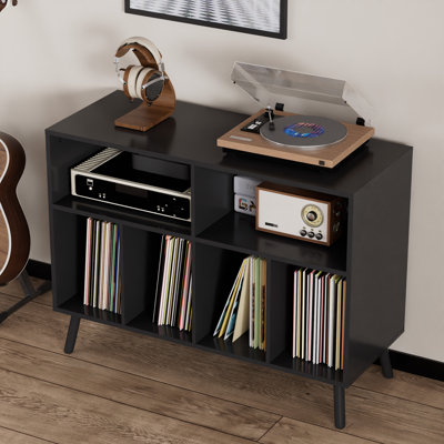 Mid-Century Record Player Stand with Vinyl Storage, 6-Cubby Turntable Cabinet with Charging Station for Living Room