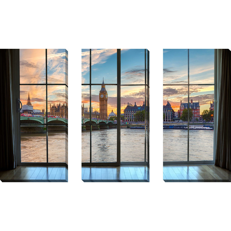 «Westminster and Big Ben in London, England Window», ensemble de 3 reproductions de photos sur toiles tendues
