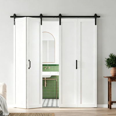 Full Lite MDF Manufacture Wood Folding Barn Door With Hardware Kit Interior Bifold Door,White
