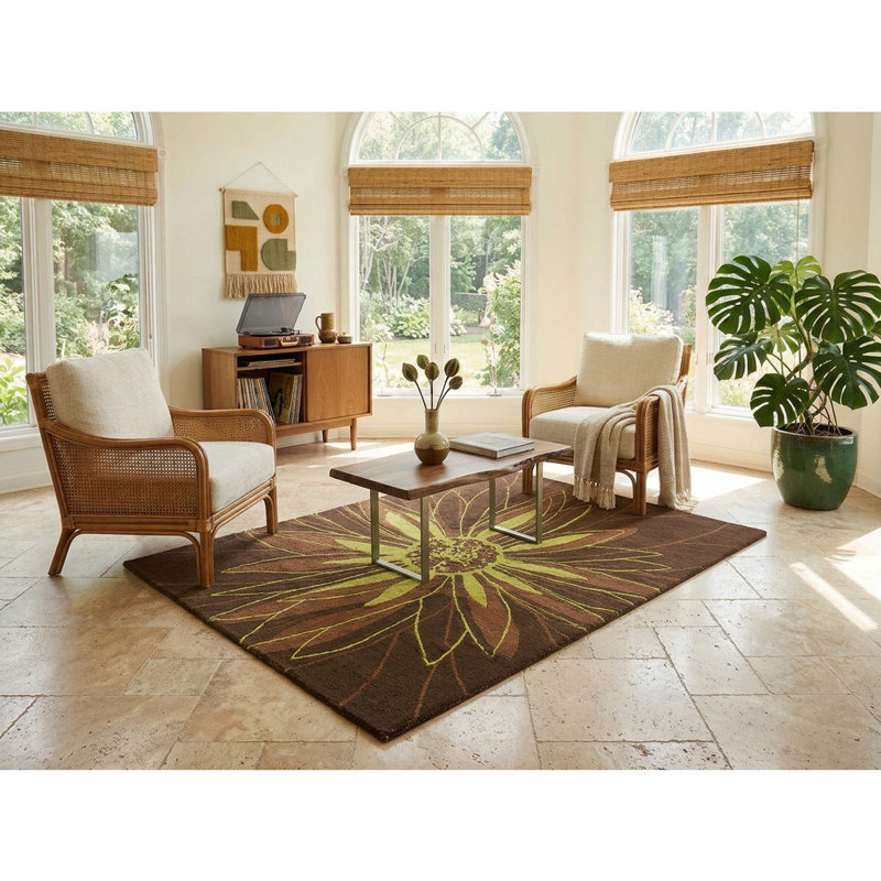Tapis d'intérieur en laine brun et jaune, tufté à la main, à motif floral médaillon., Brun/brun clair