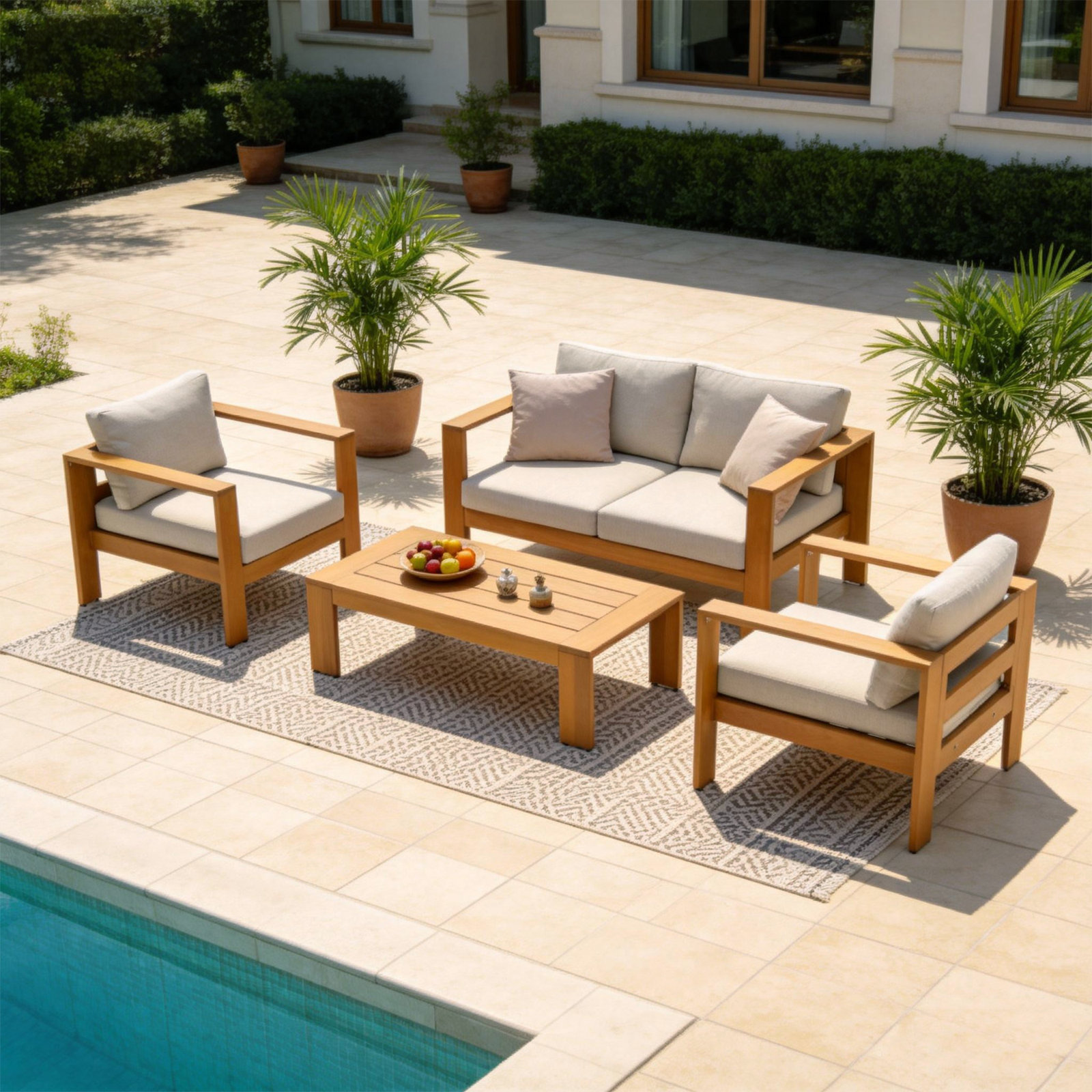 Naylor Eucalyptus Patio Seating Group, 4 Pcs: Table, Loveseat, 2 Chairs