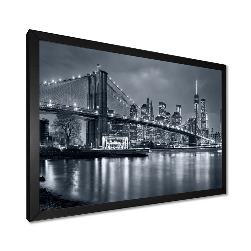 Panorama de la ville de New York la nuit, photographie sur métal, H 16 po x l 32 po, Impression encadrée, Noir