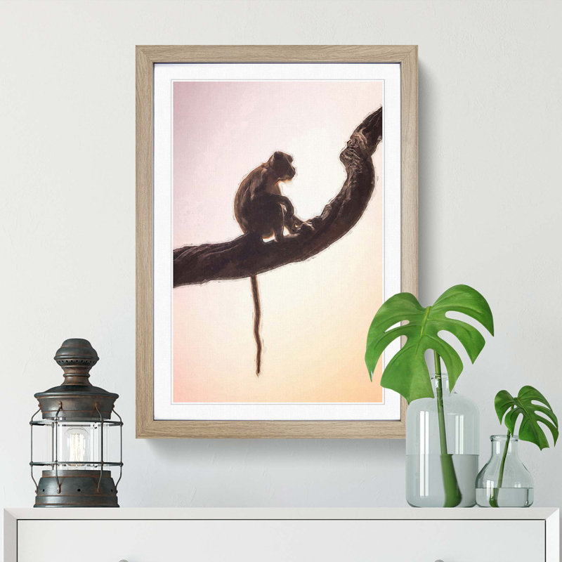 Long-Tailed Macaque Monkey in Abstract - Picture Frame Graphic Art Print, 50cm H x 35cm W x 2cm D, Oak