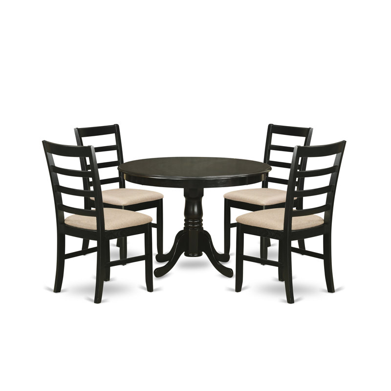 Devoe Solid Wood Top Pedestal Dining Set, Cappuccino, 5 Pieces: 1 Table, 4 Chairs, Linen Fabric