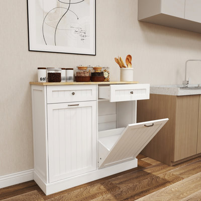 Fashionable White Trash Bin Cabinet In Kitchen - Two Compartments, Painted Finish For Island Drawers And Build