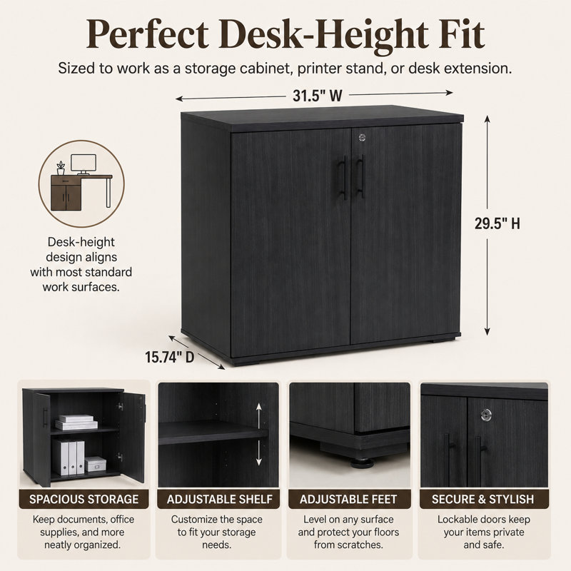 Lancaster 31.5”W Lockable Storage Cabinet with Adjustable Shelf & Leveling Feet — 2-Door Utility Cupboard for Home (Desk-Height 29.5”H)