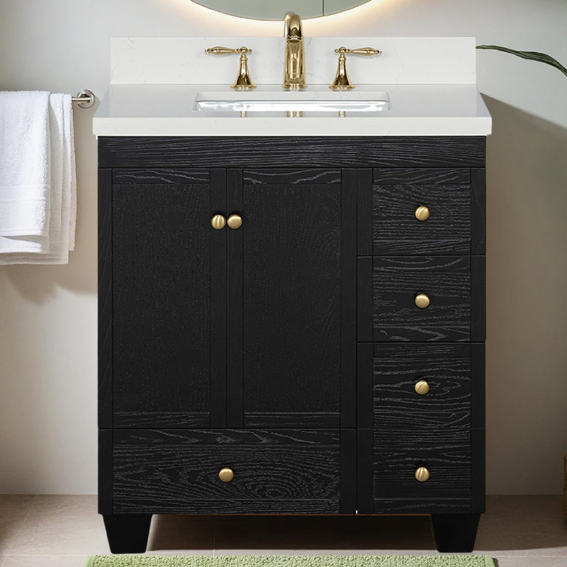  Depos 30 Inch Bathroom Vanity with Sink, Firwood Black Oak – 100% Premium Solid Wood Vanity Cabinet – 1.5" Thick Quartz Countertop – Water-Resistant Finish – Fully Assembled