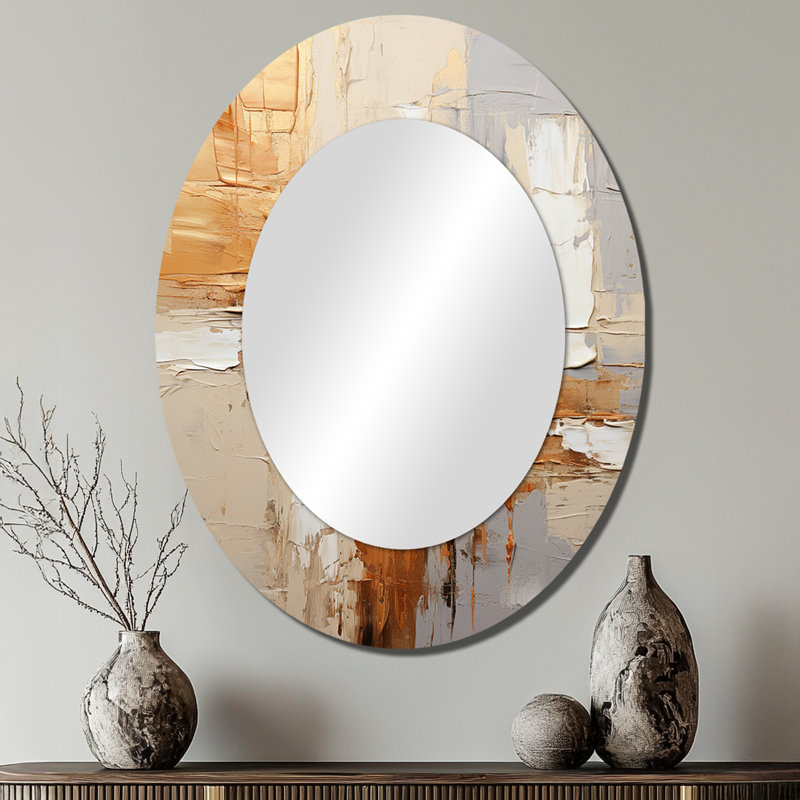Beige Grey Geometric Collage II - Abstract Oval Decorative Mirror On Metal, 40" x 30"