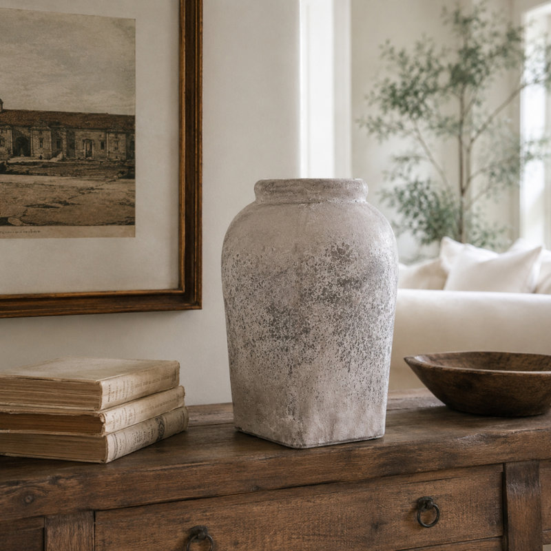 Laurent Distressed Gray Stoneware Jar, 16" H x 11.5" W x 11.5" D