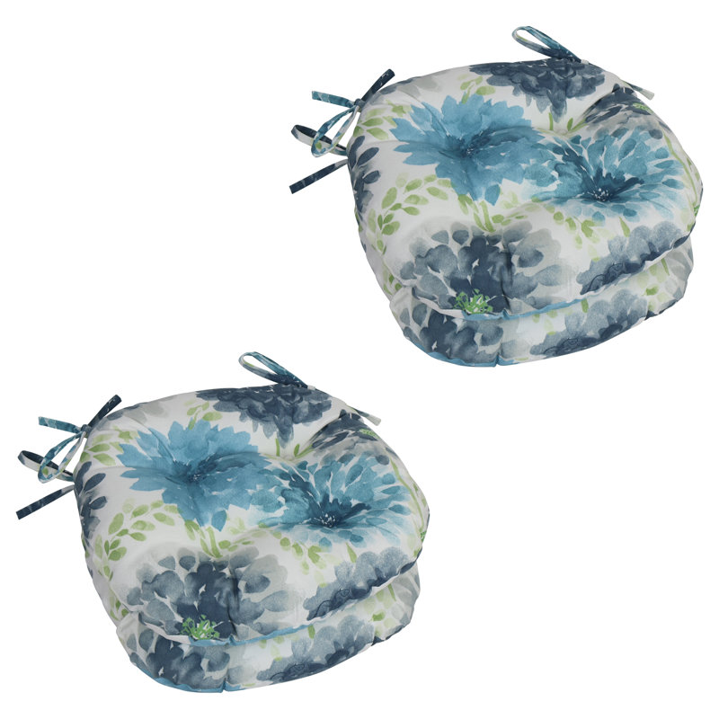 16-Inch Round Outdoor Tufted Chair Cushions (Set Of 4), White/Blue/Gardenia Cool Floral