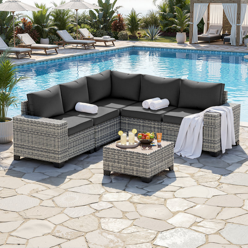 5-Person Outdoor Sectional Sofa Set With All-Weather HDPE Rattan, Cushions, And Wide Armrests, Black