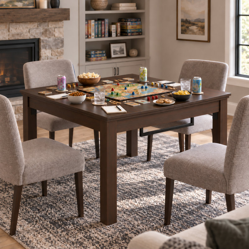 Table de jeu carrée de 120 cm (47,2 po) avec plateau amovible à 4 panneaux, surface de jeu encastrée doublée de feutre, table de jeu et de salle à manger pour 2 à 6 joueurs, brun noyer