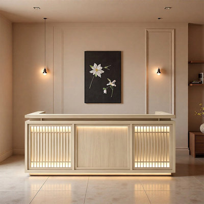 Bureau de réception et réception Elegant Vintage avec panneau avant lumineux, comptoir à deux niveaux, tiroirs de rangement pour bureau, salon, boutique, hôtel