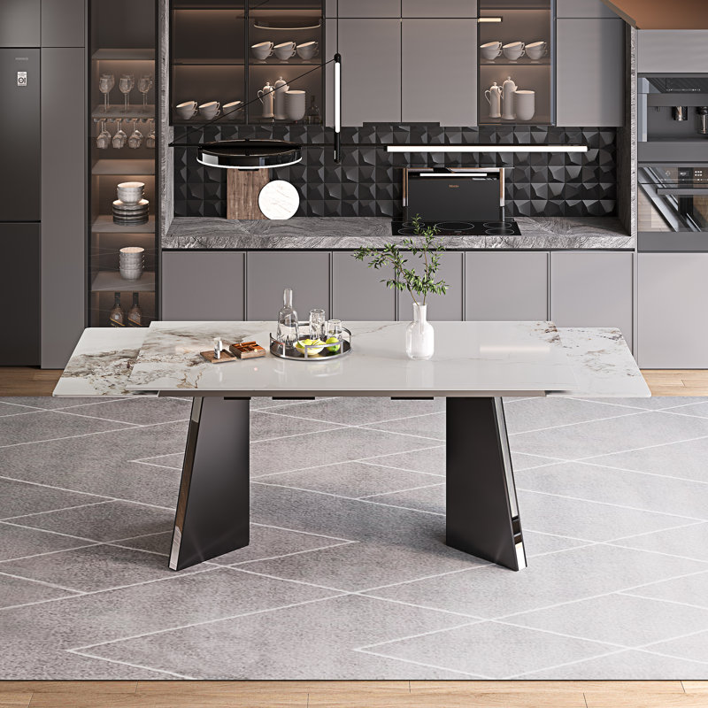 Table de salle à manger extensible de 63 à 94,5 po Glam Modern avec plateau en pierre frittée et base en acier, Chanel