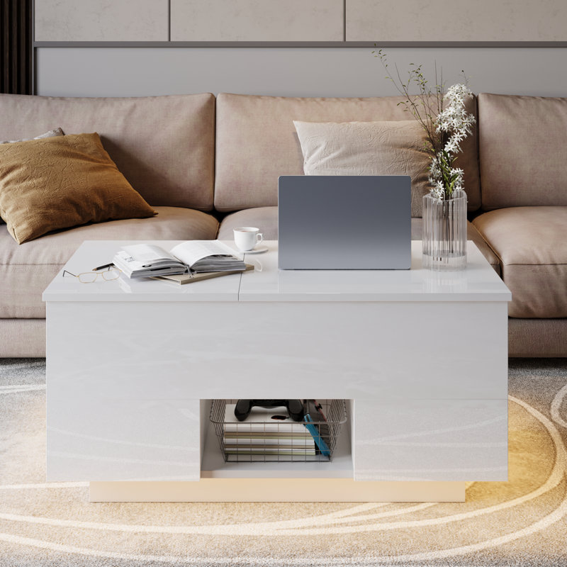  High Glossy LED Coffee Table With Lift Top Storage & 2 Drawers & Charging Station, White