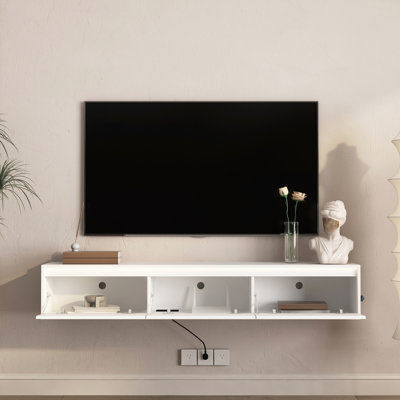 Meuble télé flottant avec prise de courant et lumières à DEL, grandes armoires blanches avec rangement ouvert, 3 ports standard 2, fonction tactile