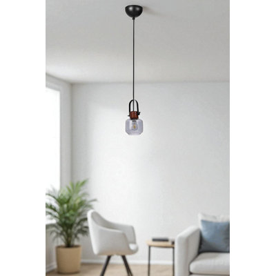 Lustre réglable élégant, structure en métal avec capuchon en verre, 5,9 po x 5,1 po | Hauteur totale: 31,5 pouces | 1 x douille E27 (40 W maximum, ampoule non incluse) | Finition moderne gris, noyer et noir | pour salle à manger et espace de vie