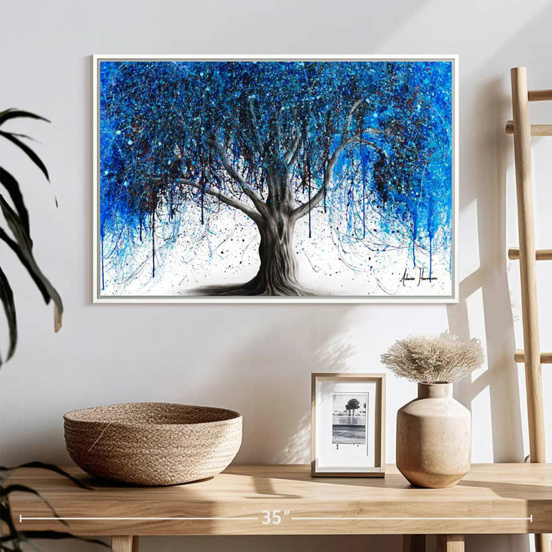 Arbre bleu au clair de lune, Cadre flottant blanc, 25 po x 17 po