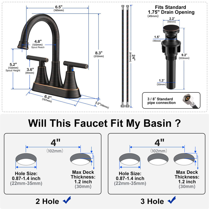 4-Inch Center-Set Bathroom Faucet With Pop-Up Drain, Oil Rubbed Bronze