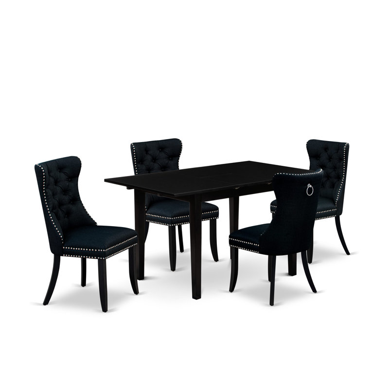 5 Piece Dining Room Table Set Contains a Rectangle Wooden Table with Butterfly Leaf and 4 Polyester Fabric Padded Chairs, Black