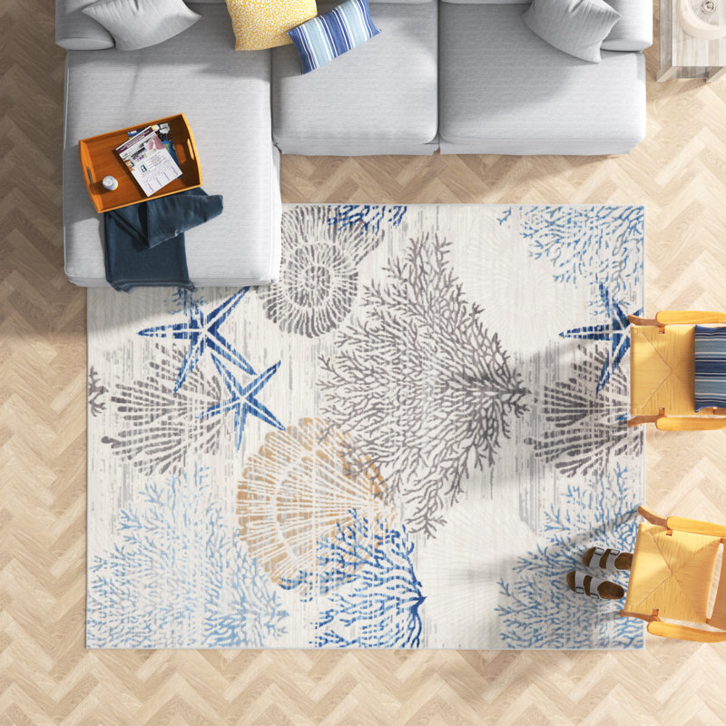 Tapis ivoire / bleu Lilyanna, Rectangle 5 pi 3 po x 7 pi 3 po