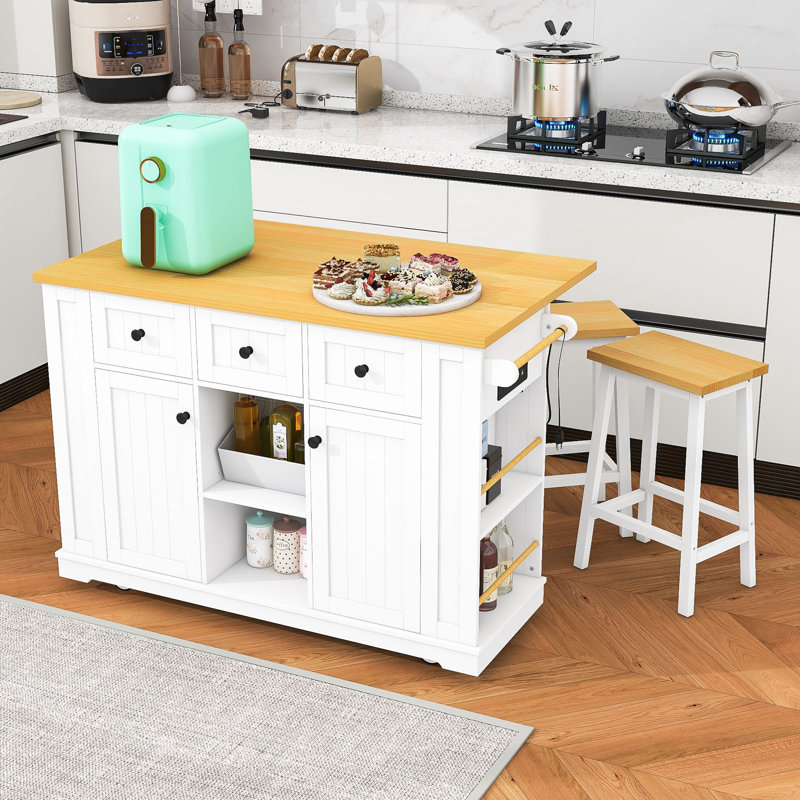 Cheryllynne 3-Piece Kitchen Island Set with Built-in Charging Station, Expandable Countertop and Two Bar Stools, White