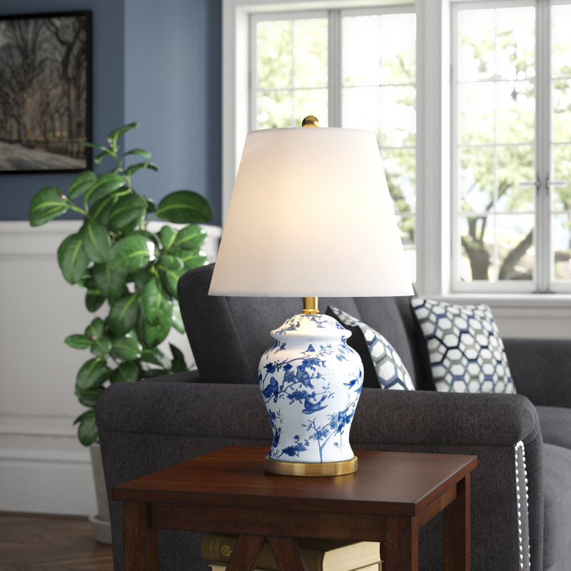 Eldredge 22" Brass Gold Table Lamp, Blue/White