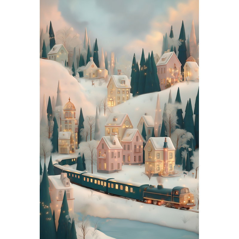 «Snowy Village Train Ride», art mural sur toile, 24 po x 36 po