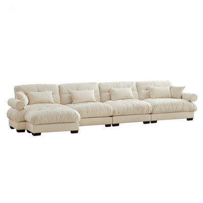 L Shaped Sectional Cloud Sofa , Convertible Deep 4 Seater Modular Couch For Living Room,Modern Velvet Comfy Upholstered Corner Couch  Waist Pillows, Throw Pillows And Blostered Armrests
