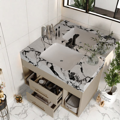 Meuble-lavabo moderne peu encombrant avec lavabo en céramique et rangement pour les petites salles de bain