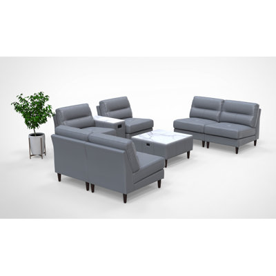 6 Person Waiting Room Reception Chairs With Charging Tables 8Pc Set Colour Grey 100% Real Leatherd
