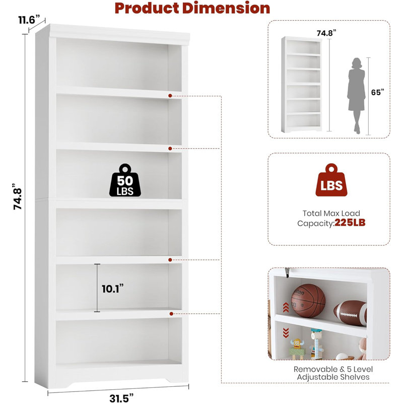 75"6-Tier Farmhouse Bookcase with Adjustable Shelves, Open Display Storage Bookshelf for Home Office, Living Room, Study or Balcony
