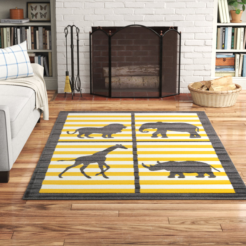 Tapis ivoire / jaune citron / gris foncé Abagail, Rectangle 8 pi x 10 pi