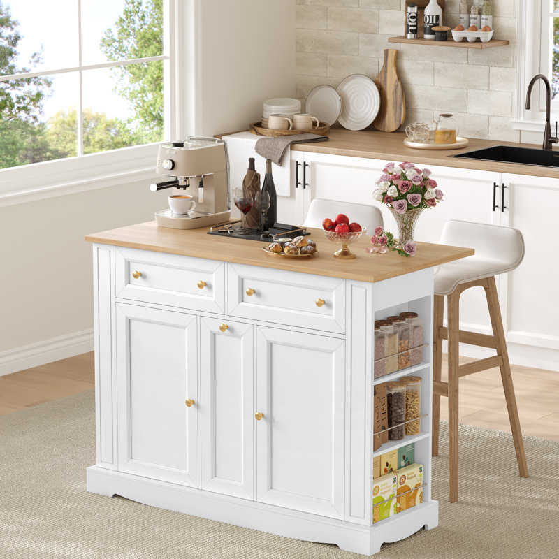 Îlot de cuisine roulant en bois massif avec abattant, chariot de rangement pour la cuisine et la salle à manger, Blanc