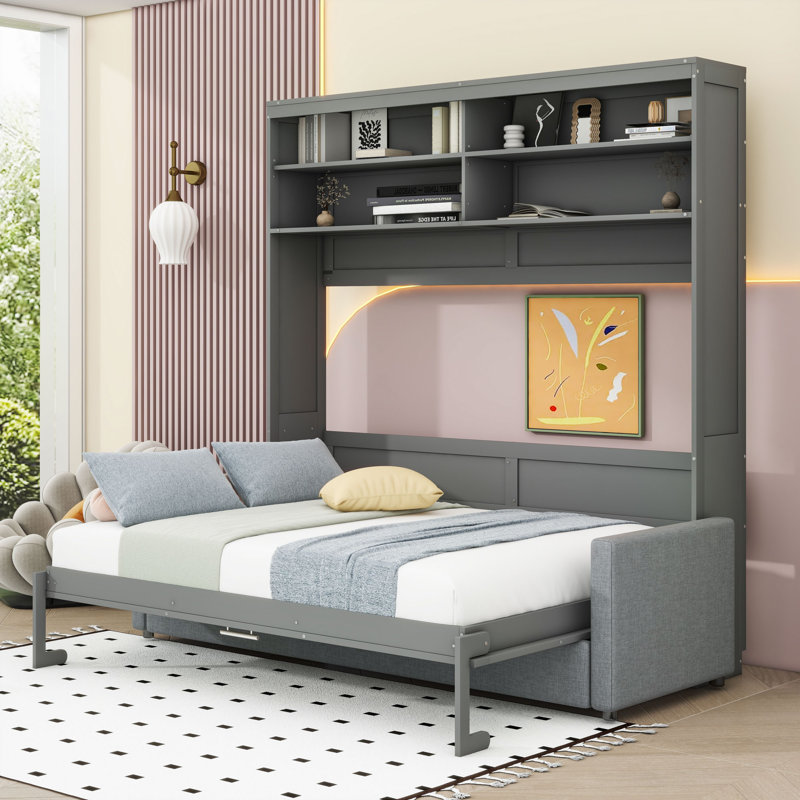 Grand lit escamotable multifonctionnel avec canapé Dorae - Conception peu encombrante, Gris