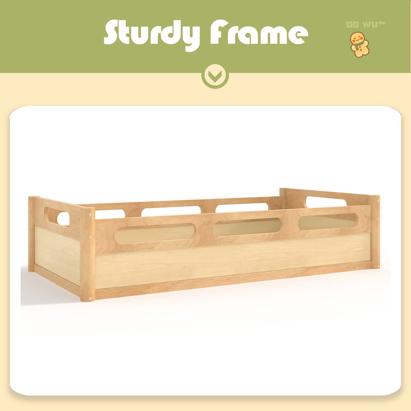 Floor Platform Bed With Full-Length Guardrails, Low Profile Bed Frame With Wood Slats Support, No Box Spring Needed, Natural
