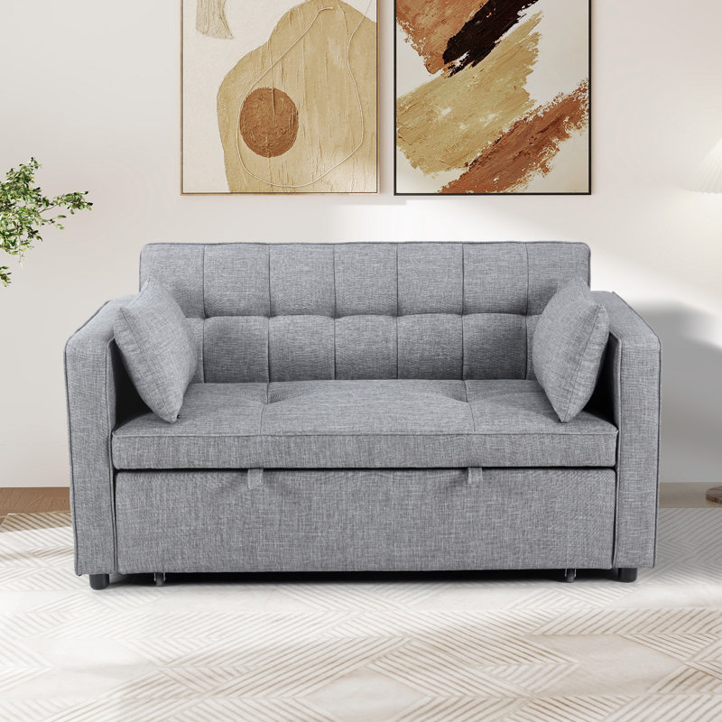 55.5" Wide Modern Linen Upholstered Soft Sofa Bed With Accent Pillow, Gray