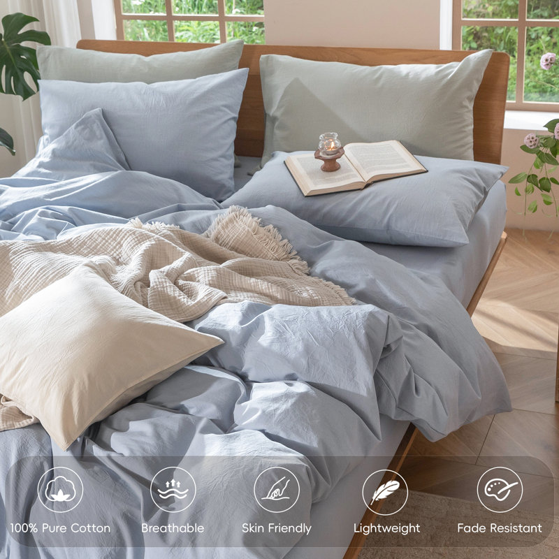 MooMee Lightweight Duvet Cover Set with Zipper Closure 8 Ties 100% Washed Cotton Linen Like Textured Soft Breathable All-Season