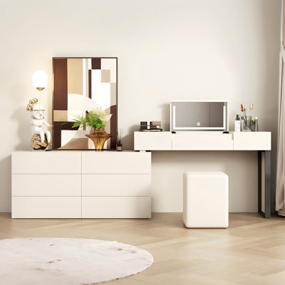 Modern Minimalist Extendable Vanity Table with Storage Drawer Cabinet