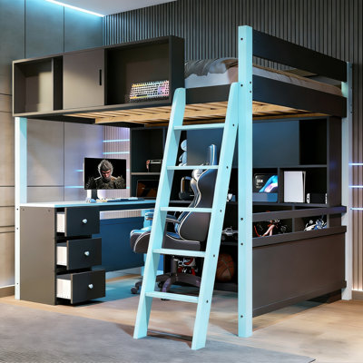 3 Drawers Modern Loft Bed With Lighted Desk And Storage Bookcase, Full Size by Latitude Run