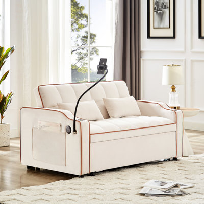 Lit pliable beige avec dossier réglable et prise de charge en velours beige moderne
