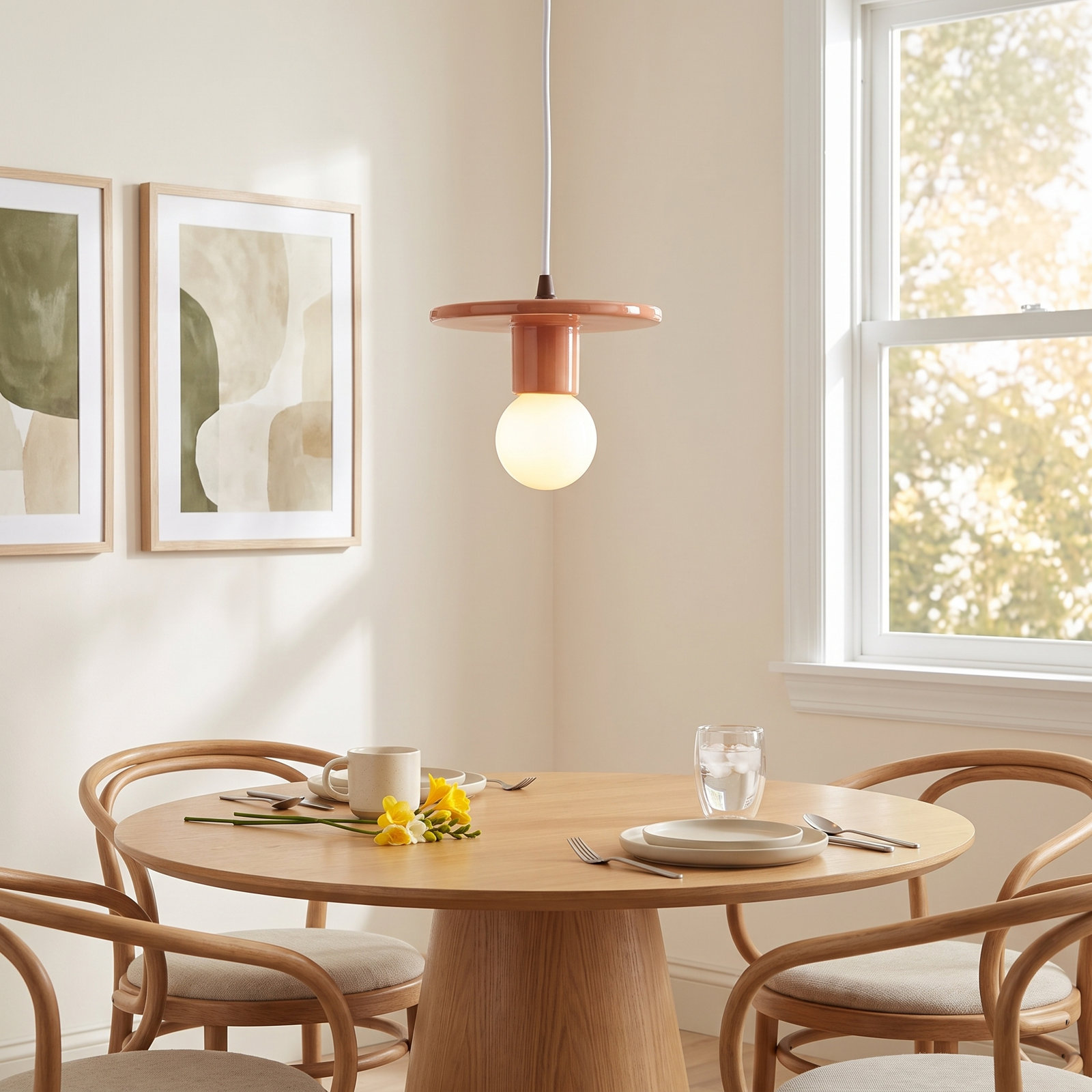 Leni Single Light Ceramic Dimmable Pendant, Gloss Blush, Dark Bronze