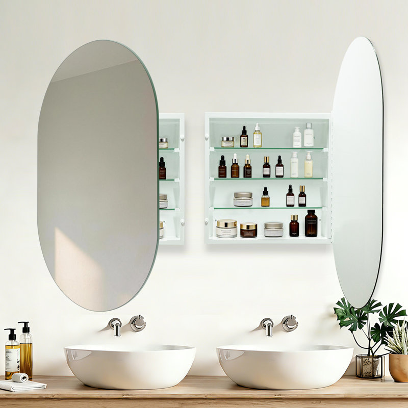 20 x 30 Inches Oval Bathroom Medicine Cabinet with Frameless Mirror, Surface or Recessed Mount Bathroom Cabinets