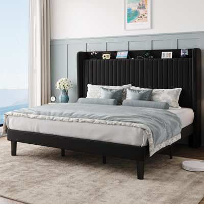 Chic Velvet Upholstered Platform Bed With Storage Shelf And Charging Station Wingback Headboard, Wooden Slats