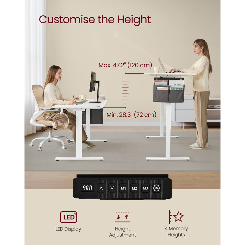 140Cm W Rectangular Standing Desk, 120cm H x 140cm W x 60cm D, White/Gray/White