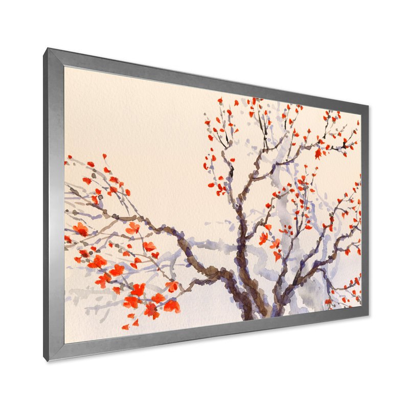 «Red Flowers and Buds on the Spring Blossoming Tree», peinture sur toile encadrée, H 24 po x l 32 po x P 1 po