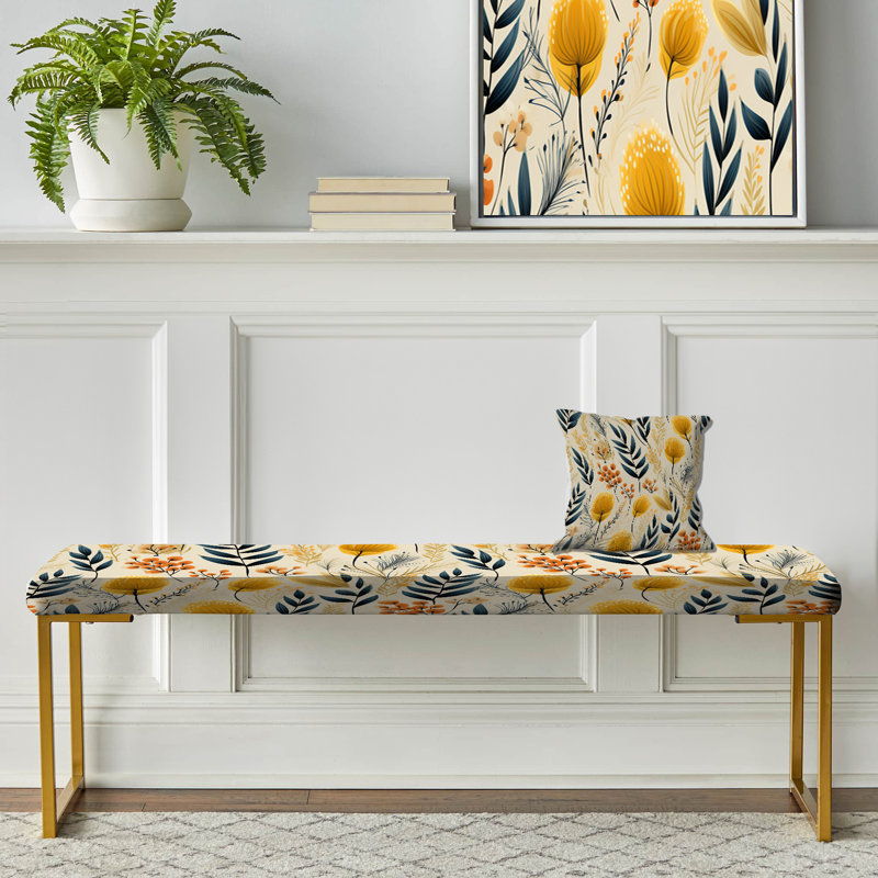 Floral Upholstered Gold Bench, Botanical Flowers Rustic Charm II