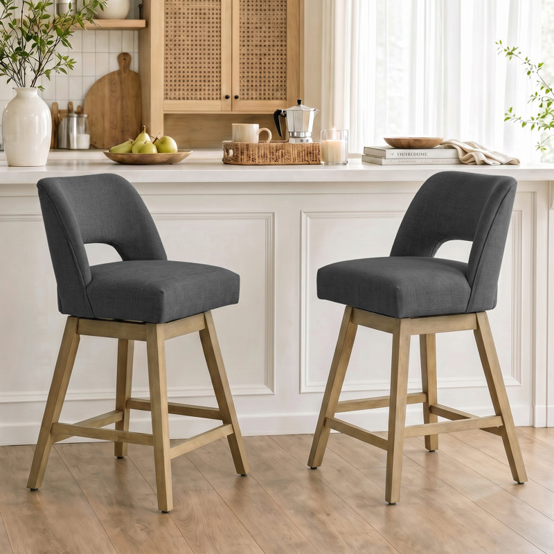 Bisto  360° Swivel Bar Stools with Solid Wood Frame, Polyester Dark Gray, Light Oak Finish