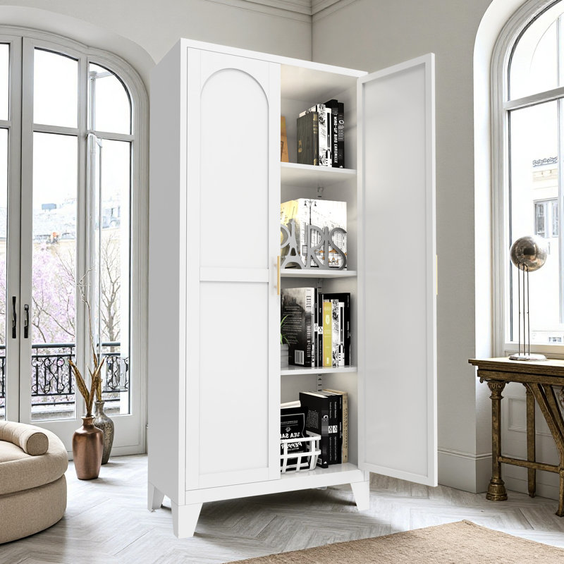 Armoire de rangement en métal 61 po avec 2 portes galbées et tablettes réglables en blanc pour le couloir, la cuisine de la chambre à coucher - utilisation d'acier à haute résistance, acier de conception compacte et amplement d'organisation