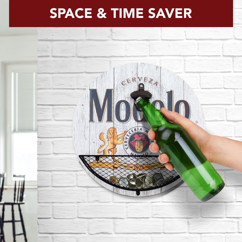 Modelo Cerveza Beer Bottle Opener and Cap Catcher Man Cave Garage Bar Wall Decor Sign